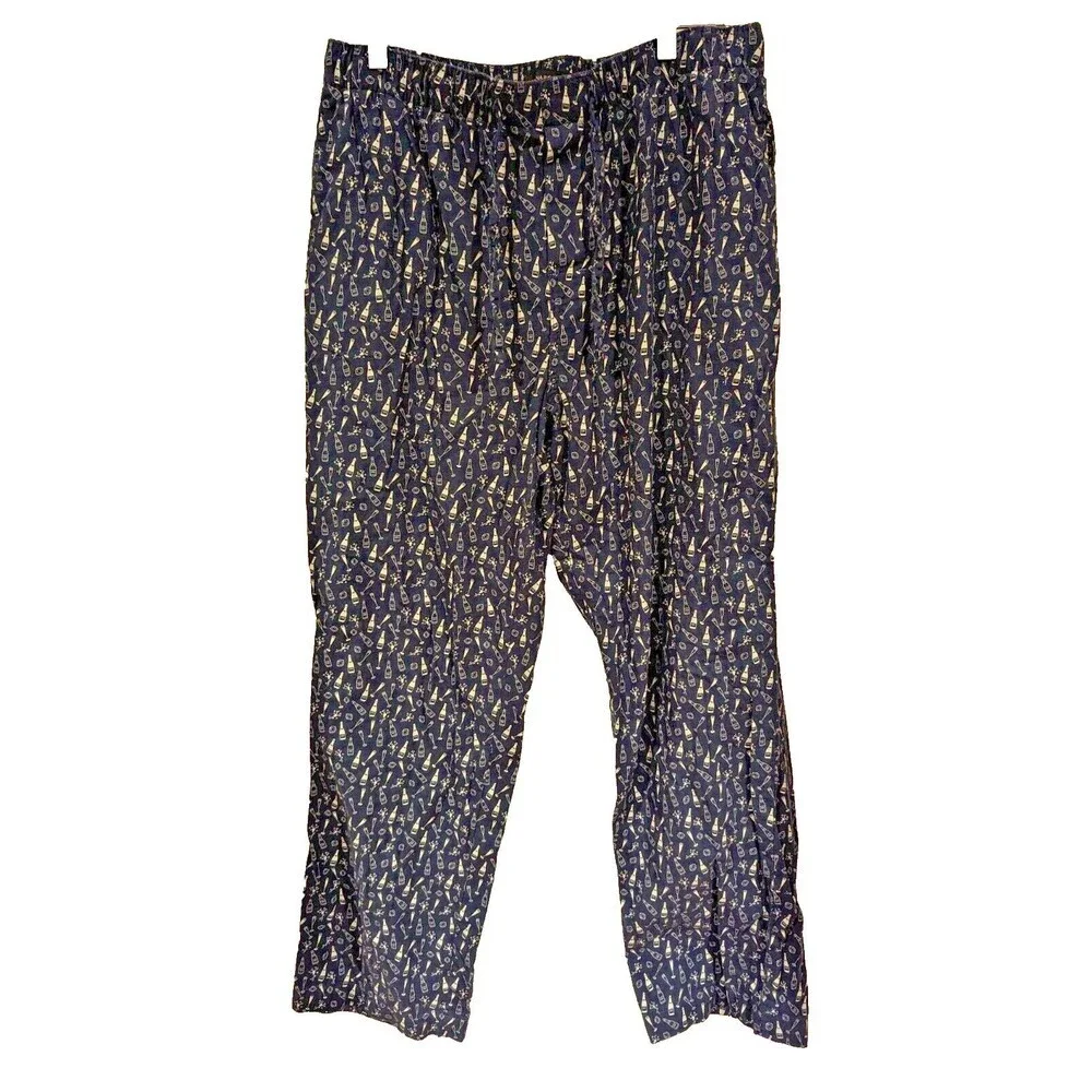 Banana Republic Pajama Pants Large Navy Blue Champagne Bottle Print Chic Cozy‎